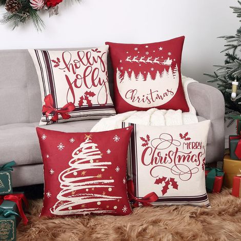 Funda de almohada navideña adornada con un lazo, 45 x 45 cm, imitación de lino rojo, estampado de árbol de Navidad, adecuada para sofás, salas de estar, camas y fundas de cojín cuadradas para coche.