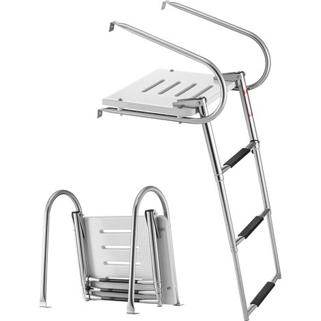 Ouverture facile, échelle de bateau télescopique inox 3 marches antidérapantes avec main courante, pour ponton piscine (1/5)