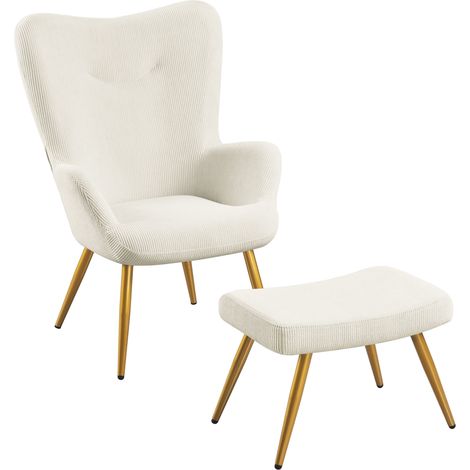 Yaheetech Set Poltrona da Salotto Imbottita con Pouf in Velluto a Coste con Schienale Braccioli per Camera da letto/Caffè/Soggiorno/Lettura Beige