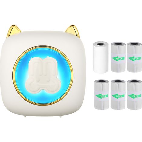 Imprimante d'étiquettes thermique Bluetooth C23 pour photos, carnets, journaux, reçus, lapin blanc, avec 1 rouleau de papier thermique + 5 rouleaux de papier adhésif, batterie au lithium intégrée