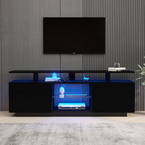 Meuble TV noir avec éclairage LED 16 couleurs, 1,4 m – meuble de rangement élégant pour TV 60 pouces, bande lumineuse multicolore, portes brillantes avec étagère en verre, buffet télé (1/5)