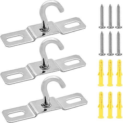 Lot de 3 crochets de plafond robustes de 70 mm, fixation à vis en métal antirouille avec plaque de base pour lustres, ventilateurs de plafond, lanternes, paniers à fleurs (1/5)