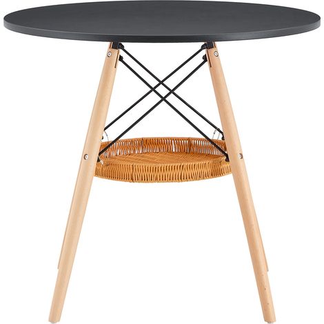 Table à manger ronde Ø 80 cm, plateau en MDF noir, pieds en bois massif, associée à une structure de panier de rangement tressé suspendu, adaptée pour 2 à 4 personnes. (1/5)