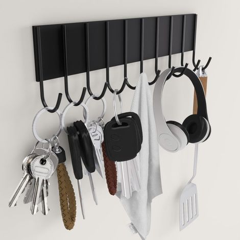 Portaoggetti magnetico con 10 ganci per frigorifero o parete, ideale per chiavi e utensili da cucina — Nero (10 pezzi)
