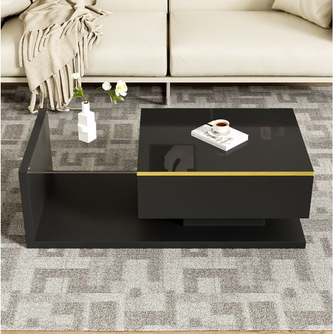 Table basse noire en panneaux de particules et verre trempé, 100 cm, avec LED dimmable et rangement (1/5)
