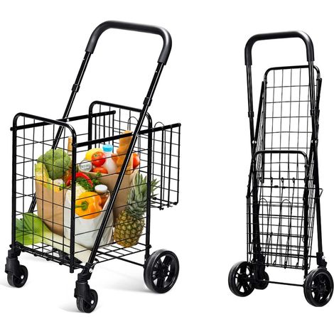 COSTWAY Chariot de Courses 4 Roues en Métal à Double Panier avec Poignée Réglable 83-95CM, Caddie de Courses Pliable Anti- Rouille à 4 Roues, Chariot à roulettes 58L Charge 20kg Capacité (Noir)