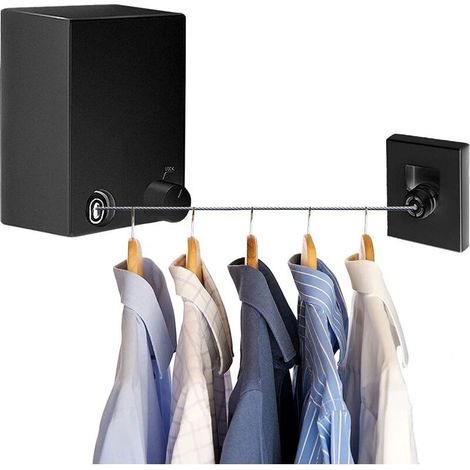 Corde à Linge Rétractable, Fil Linge Extensible en Acier Inoxydable, Corde a Linge Portable Etendoir Fil Réglable 4.2 m, Poinçon et Support Mural pour Intérieur et Extérieur(Noir) (1/5)