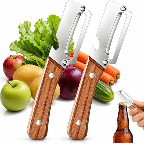 Lot de 2 Éplucheur de Légumes 2 en 1 avec Manche en Bois, Éplucheur Multifonction en Acier Inoxydable avec Ouvre-Bouteille, Économe pour Fruits, Pommes de Terre, Carottes, Concombres et Cuisine