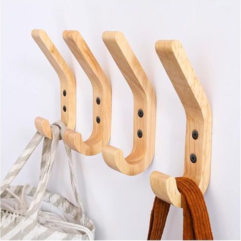 Wooden, 4 Piece 155mm J Shape Coat Hooks, Upgraded Wall Mounted Towel Hooks, Grade A Oak, Hand Polished Surface, Suitable for Kitchen and Bedroom (1/5)