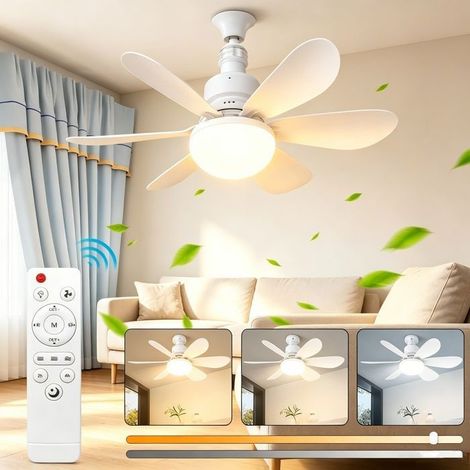 Ventilateur plafond avec lumière 40W E27 – 6 pales blanches, dimmable – 3 vitesses, minuterie 4h – Silencieux (1/5)