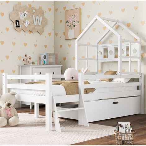 Letto rialzato per bambini 207x97x159 cm bianco in pino massello con scala, cassetto e sponde (1/5)