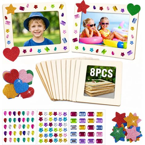 Lot de 8 cadres photo en bois - 20 x 15 cm - Cadre photo en bois non traité - À peindre avec strass autocollants et crayons de couleur - Pour anniversaires (1/5)