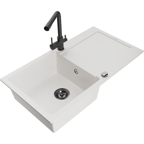 Mexen Leo évier en granit 1-cuve avec égouttoir et robinet de cuisine Duero, blanc - 6501-20-671600-70 (1/5)
