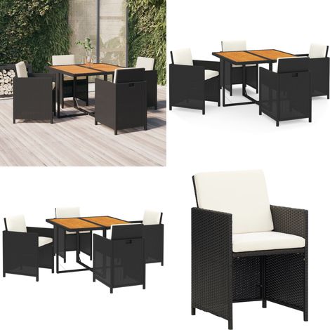 Set comedor de jardín 5 pzas con cojines ratán sintético negro - Sillas de jardín - Mesa de jardín