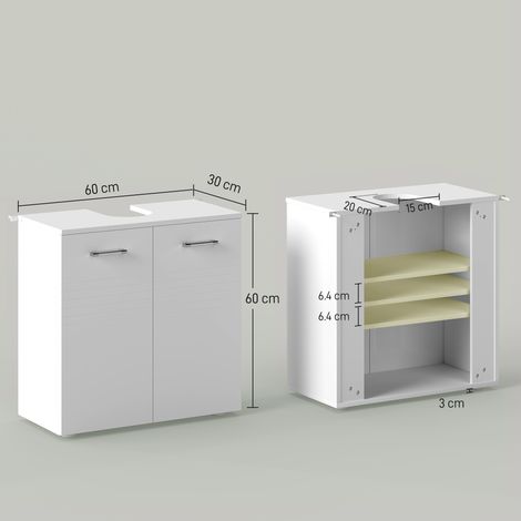 Commode à deux portes, meuble sous-évier en bois gain de place (avec étagères réglables), blanc brillant. (1/5)