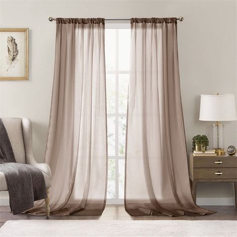 Ensemble de deux rideaux transparents (fibre de polyester, avec tringle), idéal pour le salon et la chambre, marron, 140 cm x 214 cm (1/4)