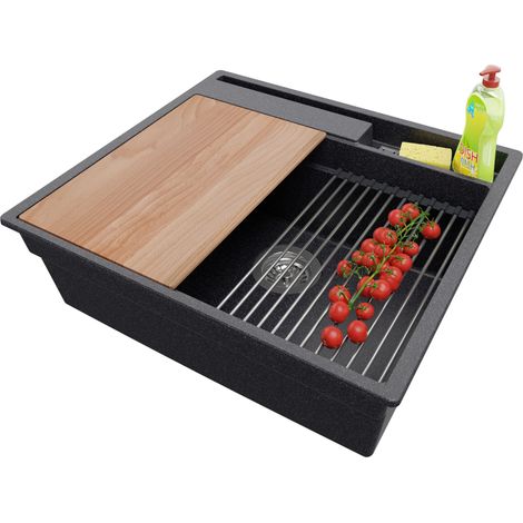 PRIMAGRAN Evier Cuisine en Granit 58x53cm, Lavabo 1 bac + Kit de Vidage + Accessoires, Évier à Encastrer au meuble 60cm - Oslo Pocket, Graphite (1/5)