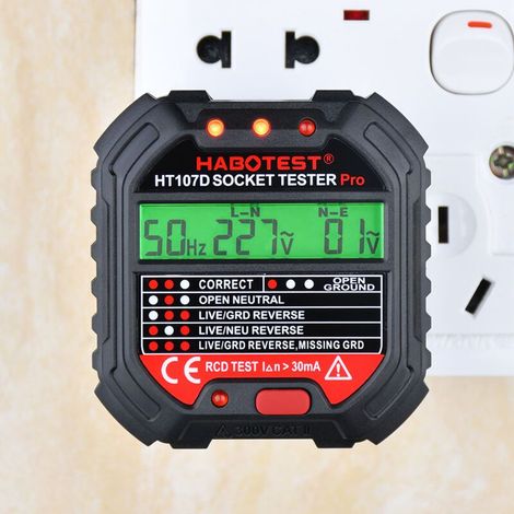 Testeur de Prise Électrique HT107D avec Écran LCD, 90–250 V, 45–65 Hz, Norme UE