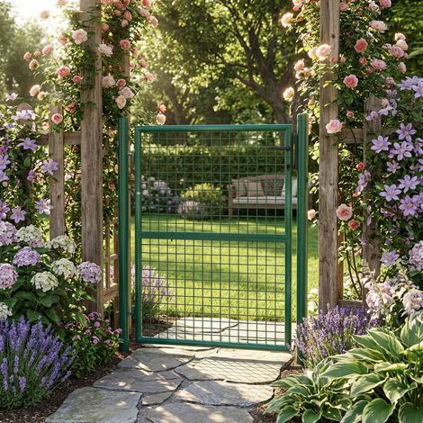 Portillon de Jardin en Acier Galvanisé, Portail Grillagé avec Serrure, pour Extérieur, Tube Rond, Vert