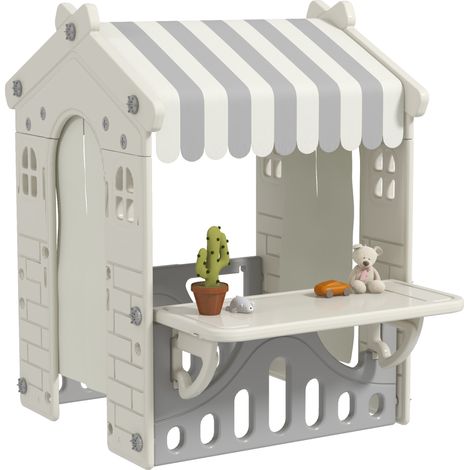 Casita de juegos infantil de interior con 4 ventanas, puertas arqueadas con cortinas, techo y mostrador de tienda, casita de juegos para niños de 1 a 6 años, plástico, color crema. (1/5)