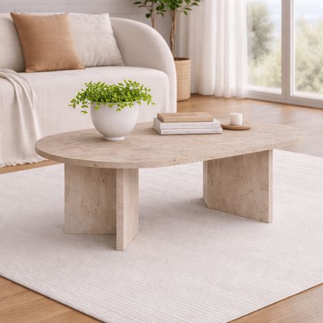 Ovaler Couchtisch aus Travertin und Melamin – Japandi – 119 x 60
