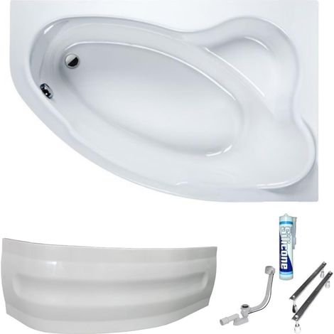 ECOLAM Baignoire d'angle Comfort 140x100 cm version droite tablier en acrylique bonde vidange et trop-plein automatique + pieds + silicone (1/5)