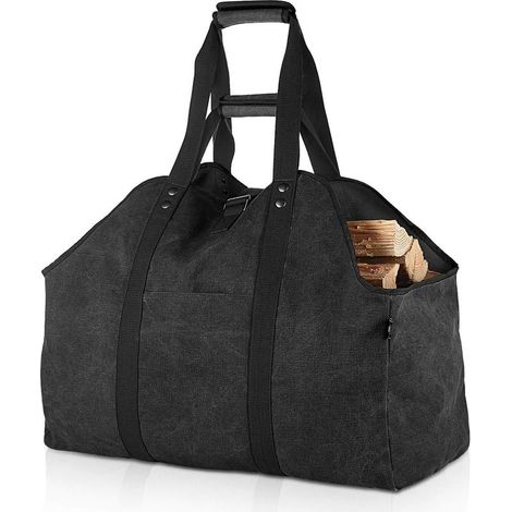 QAZQA Porte-bûches de bois de chauffage extra-large Support de bois de chauffage en toile imperméable avec bandoulière pour un transport facile - Noir (1/4)