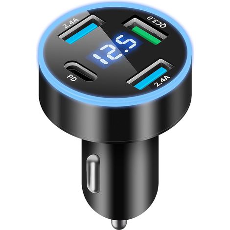 Cargador rápido para coche con 4 puertos USB C, 50 W, QC3.0 y PD, adaptador de cargador USB para coche, cargador de teléfono, encendedor de coche, carga rápida USB con voltímetro LED para iPhone, Andr (1/5)