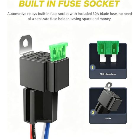 Gebildet Lot de 3 Relais de Commutation à Fusible 12V, Faisceau de Câbles 12 AWG avec Diode Intégrée, Fusible à Lame ATO/ATC 30A, Relais Electriques Automobiles SPST 4 Broches