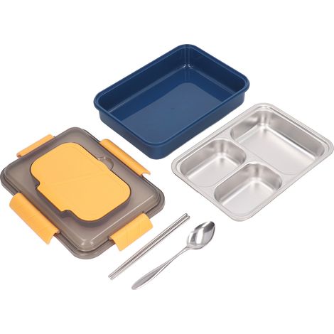 Boîte à lunch en acier inoxydable à trois compartiments, étanche, portable, avec cuillère et baguettes pour enfants et adultes (1/5)