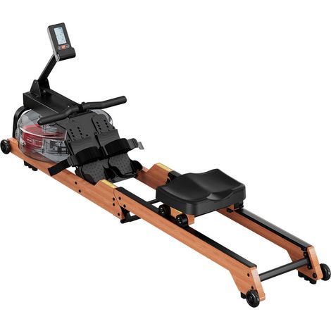 Rameur à eau en bois pliable, 6 niveaux de résistance silencieuse, réservoir 14L, écran LCD, compatible Bluetooth, capacité 158kg, pour maison. (1/5)