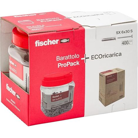 Fischer Lot de 400 chevilles SX 6 x 30 avec vis, avec bocal + Ecorecharge