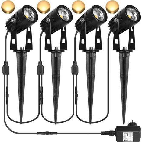 Foco LED con estaca resistente al agua IP65 – Paquete de 4 bombillas de 3 W, luz blanca cálida 3000 K, 1440 lúmenes – Fácil instalación con estacas – Para iluminación exterior (1/5)