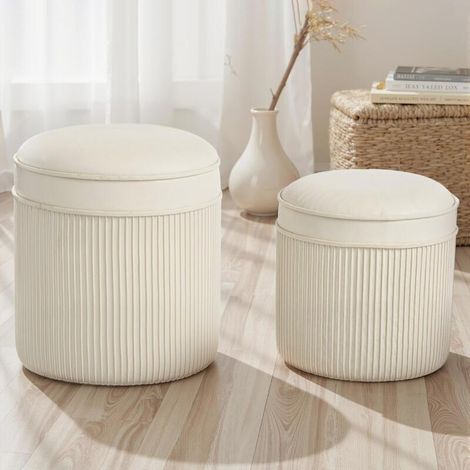 Ensemble de 2 poufs de rangement avec couvercles, repose-pieds ronds aspect velours, 36 x 36 x 41,5 cm, blanc crème (1/5)