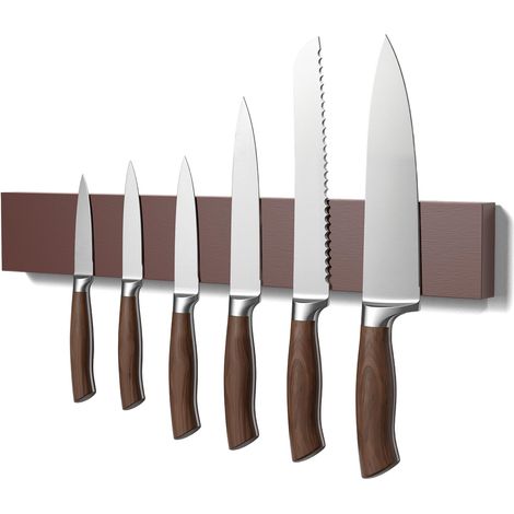 Porte Couteaux Aimanté en Bois, Porte Couteau Magnétique avec Aimant Ultra-puissant - 15.75'' - Aimant Couteau Mural pour Ustensiles de Cuisine et Rangement d'outils - Marron (1/5)