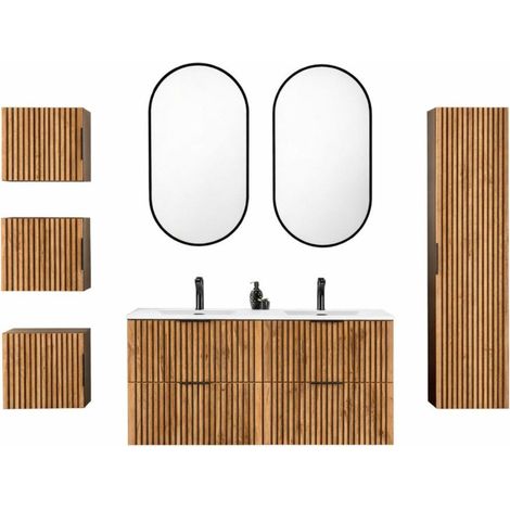 Set KINOKO: mobile sottolavabo 120cm + doppio lavabo incassato bianco + 2 specchi LED + mobili per il contenimento