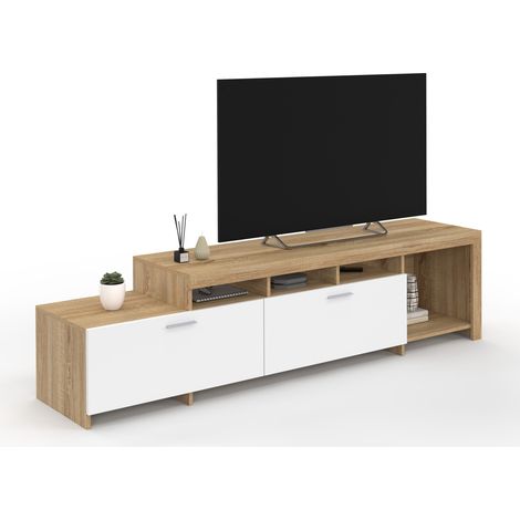 Idmarket – Meuble TV 180 cm – Bois et placards blancs – Dimensions 180x40x45 cm – 4 espaces ouverts pour rangement – Montage facile sans outils