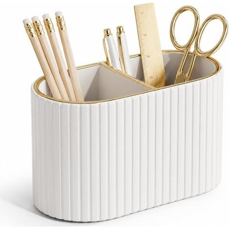 Organiseur de stylos, porte-crayons ovale, porte-crayons à 2 poches, porte-crayons en cuir PU pour le bureau et la maison (blanc ivoire) (1/5)