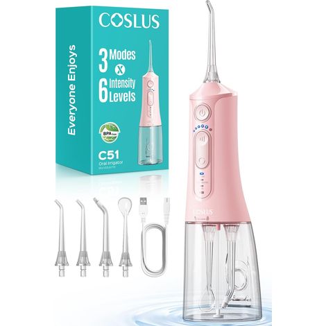 C51 Hydropulseur Portable with Jet, 3 Modes, 6 Niveaux De Pression  Jet Dentaire Pour Orthodontie, Appareils Dentaires, Gencives Sensibles, Plusieurs Utilisateurs, Rose (1/5)