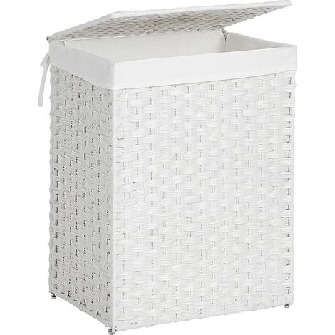 Panier à linge tissé à la main pliable 90 x 60 x 60 cm avec couvercle et poignées style contemporain en rotin synthétique beige (1/3)