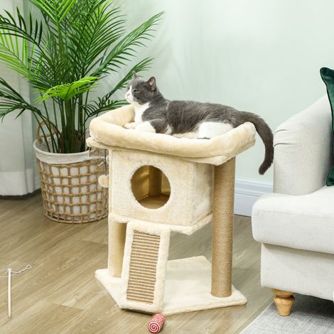 Arbre à chat avec tapis gratter en jute, 40 x 40 x 57 cm ManBo, plateforme couchée, balle de jeu, niche à chat, beige