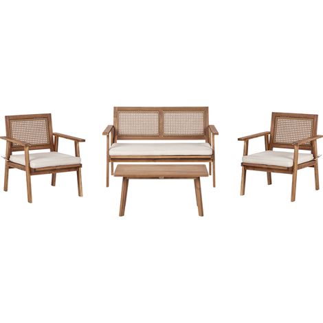 Conjunto de jardín de 4 piezas moderno madera de acacia certificada cojines beige claro Arenella