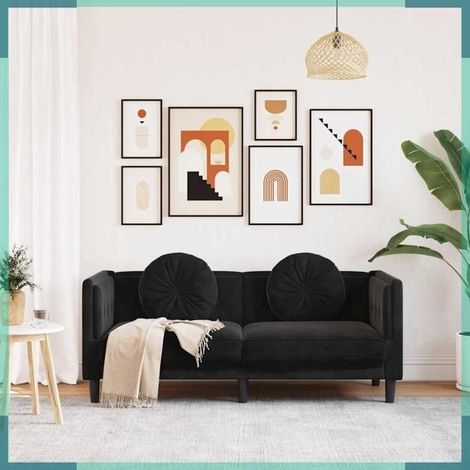 Canapé 2 places - 372637 - Velours noir - 173,5 x 77 x 70 cm - 2 coussins ronds (1/5)