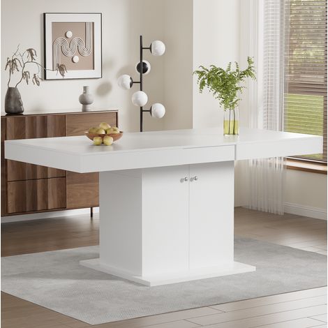 Tavolo da pranzo estensibile 140x80x76 cm bianco in pannello truciolare con vano contenitore e apertura automatica (1/5)