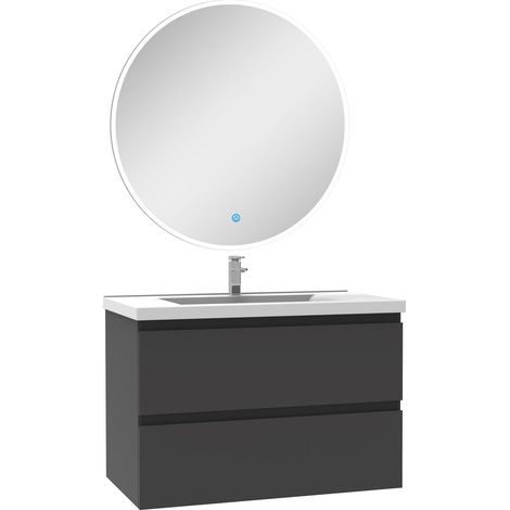 Ensemble Ocean meuble Salle de Bain 80cm Anthracite simple vasque + miroir lumineux rond