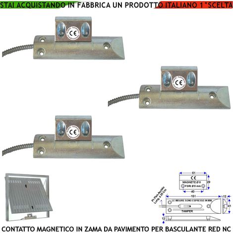 Contatti Magnetici in Alluminio da Pavimento Con Fori di Fissaggio 3 Pezzi Sensore Allarme Reed NC Sensibilità Magnetica 25 mm Tensione Max 30 V 10 W Carico Resistivo 4 Fili 2 NC e 2 Tamper Prot. IP65