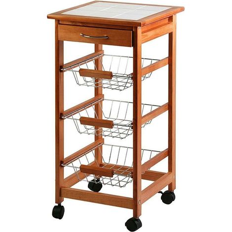 Carrello Cucina in legno 3 Cestelli Acciaio e Ripiano 9 Mattonelle in Ceramica (1/3)