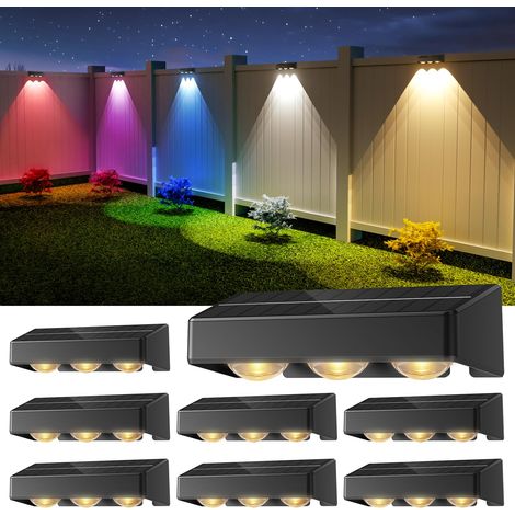 Applique Solaire Extérieur, Lot de 8, Applique Murale Solaire 9 Couleurs (Blanc Chaud + RGB), 3 Lentilles Haute Lumière, IP65 Étanche, Auto On/Off, Lampe Solaire pour Clôture Jardin (1/5)