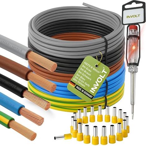 INVOLT H07V-K Câble 6 mm², lot de 5 x 3 m, conducteur unique noir, bleu, marron, gris, vert-jaune, avec 60 embouts de câble et testeur (1/5)