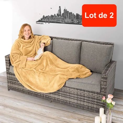 Lot de 2 Grands Plaids Polaires 180 cm à Enfiler Avec Manches : Beige 180 X 150 cm (1/5)